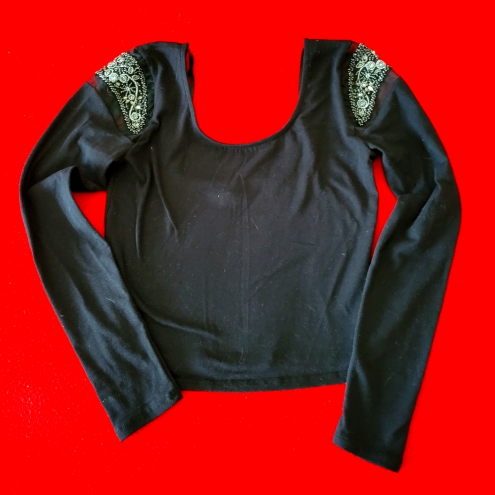 Sparkle and Fade crop top with bling shoulders. Black, Size Medium
